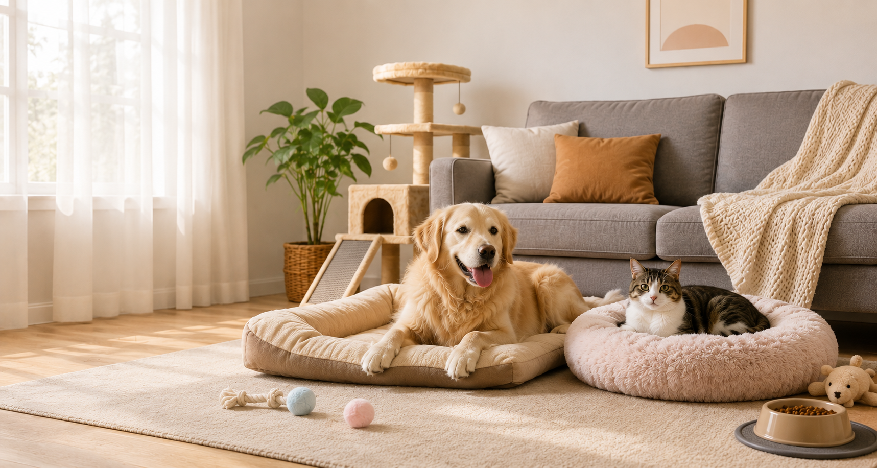 Warm living room with dog and cat for Aethel Drapery hero